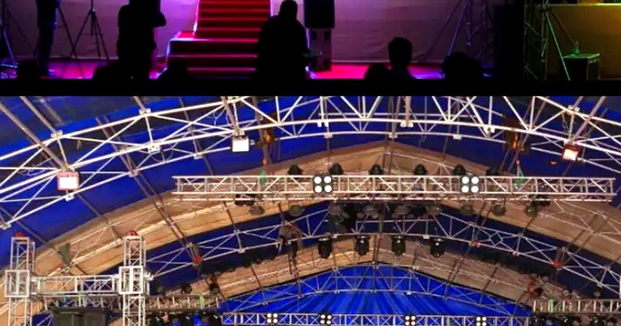 Kalamanch aluminium truss, stage and line-array sound installation